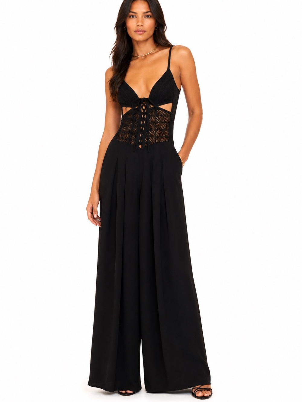 PatBO Black Lace-Up Corset Wide Leg Crepe Jumpsuit Size 2 Resort Evening